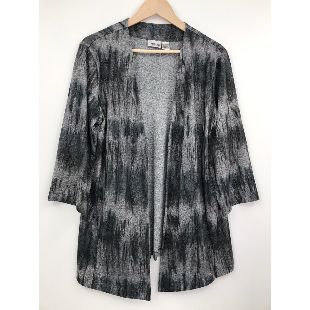Chico's Open-Front Black and Gray Patterned Cardigan